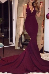 V Neck Burgundy  Stretch Jersey Mermaid Prom Dresses