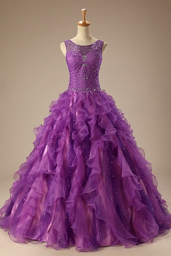 Beaded Purple Ball Gown Quinceanera with Ruffled Organza Skirt