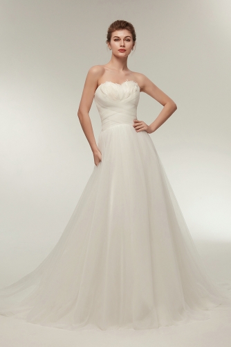 Simple Pleated A Line Wedding Dresses with Feathers