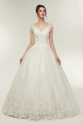 Ball Gown Lace Wedding Dresses with Beaded Cap Sleeves