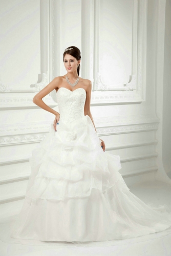 Drop Waist Ball Gown Organza Wedding Dress with Lace
