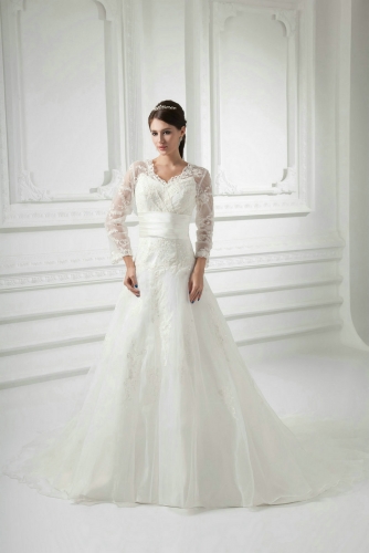 A Line Lace Wedding Dresses with Sheer Long Sleeves
