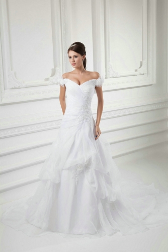 Off Shoulder Ball Gown Organza Wedding Dresses with Lace