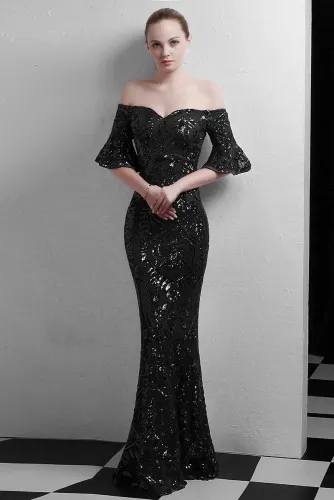 Black Mermaid Sequin Fabric Dresses with Sleeves
