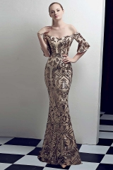 Gold Mermaid Sequin Fabric Dresses with Sleeves