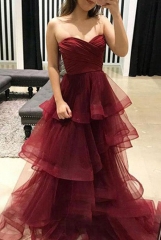 Open Back Burgundy Prom Dress with Tiered Tulle Skirt