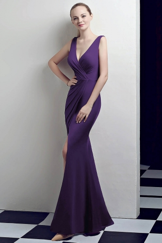 Purple Low V Neck Stretch Jersey Dresses with Slit