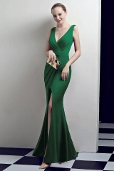 Green Low V Neck Stretch Jersey Dresses with Slit