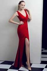 Red Low V Neck Stretch Jersey Dresses with Slit