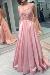 Dusty Pink Taffeta Prom Dress with Lace Halter Top