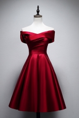 Short Knee Length Burgundy Satin Dress with Off Shoulder