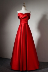 A Line Simple Red Satin Dress with Off Shoulder