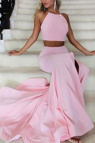 Two Pieces Style Pink Mermaid Jersey Prom Dress with Slit
