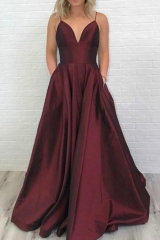 Sexy Dark Red Taffeta Prom Dress with Pockets