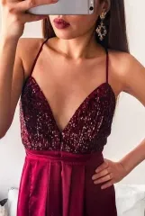 Dark Red Sexy Backless Prom Dress with Sequin Top