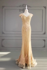 Beaded Champagne Mermaid Lace Dress with Cap Sleeves