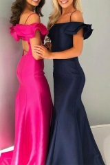 Navy Blue Off Shoulder Taffeta Mermaid Prom Dress