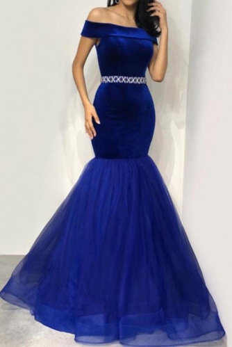 Off Shoulder Royal Blue Mermaid Velvet Prom Dress