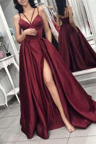 Sexy Sleeveless Burgundy Satin Prom Dress with Slit