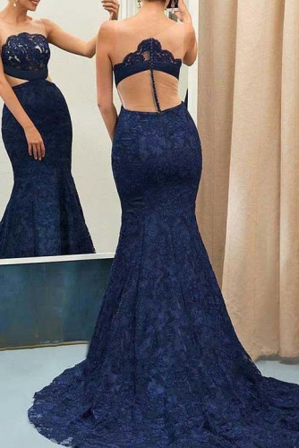 Sexy Fit and Flare Mermaid Navy Blue Lace Prom Dresses