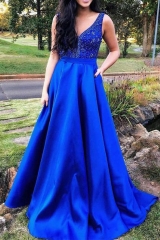 Royal Blue Mikado Dress with Beaded V Neck Top