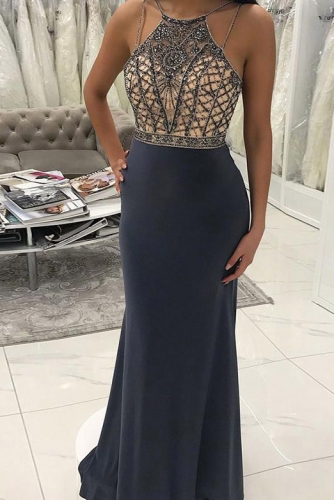 Charcoal Grey Mermaid Prom Dress with Beaded Top