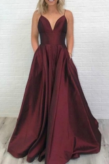 Long Sexy Burgundy Satin Prom Dress with Pockets