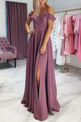 Dusty Pink Off Shoulder Satin Prom Dress with Slit