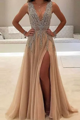 Sexy Low V Neck Champagne Beaded Prom Dress