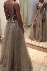 Sexy Plunge V Neck Beaded Grey Prom Dress with Slit