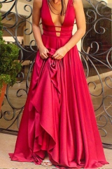 Sexy Strappy Long Red A Line Satin Prom Dress