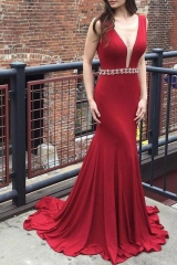 Sexy Simple Red Long Mermaid Dress with Beaded Belt