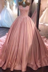 Dusty Pink Satin Ball Gown with Lace and Long Train