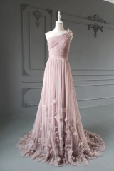 Blush Pink Pleated One Shoulder Prom Dress with Petals