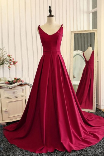 Simple Long Deep Red A Line Satin Prom Dress