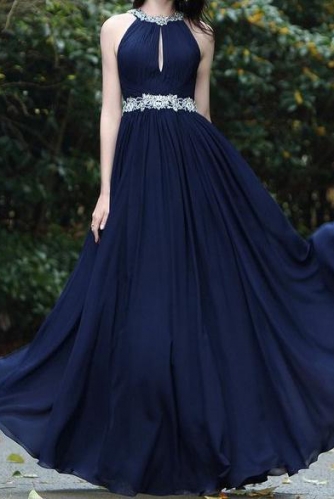 Halter Top Navy Blue Chiffon Prom Dress with Beading