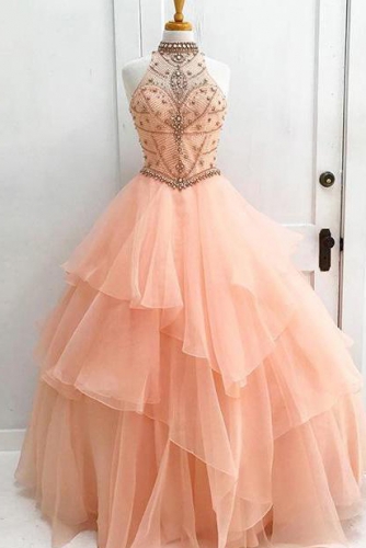 Peach Pink Keyhole Back Organza Dress with Beading