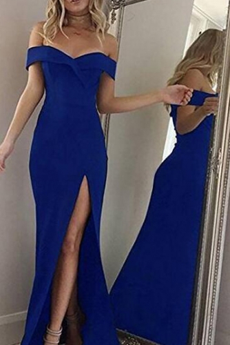 Royal Blue Off Shouler Mermaid Prom Dress with Slit