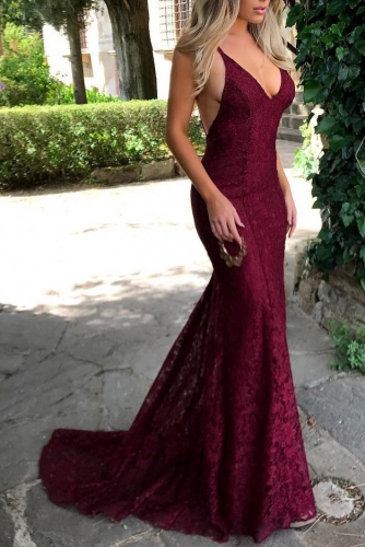 Sexy Burgundy Mermaid Backless Lace Prom Dress