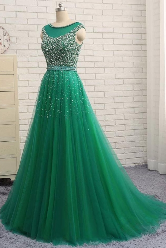 A Line Long Green Tulle Dress with Beaded Top