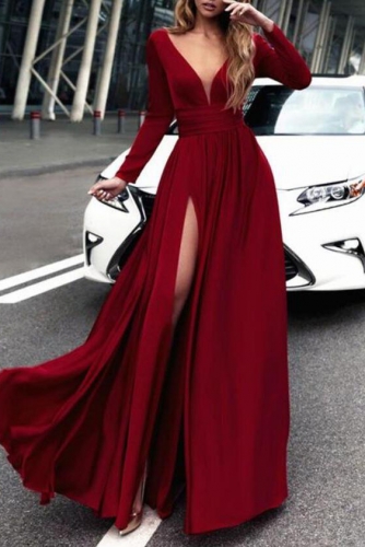 Long Dark Red Sexy Neck Prom Dress with Slit