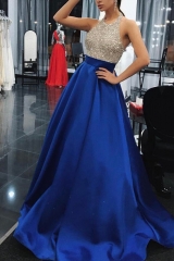 Royal Blue Long Prom Dress with Beaded Halter Top