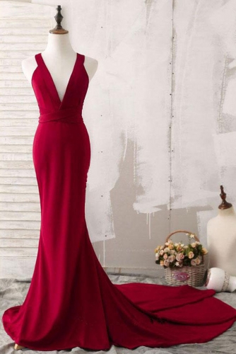 V Neck Deep Red Long Mermaid Prom Dress