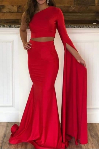 Red Mermaid Prom Dress with Long One Shoulder Sleeves