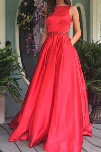 Red Long A Line Mikado Prom Dress with Beaded Belt
