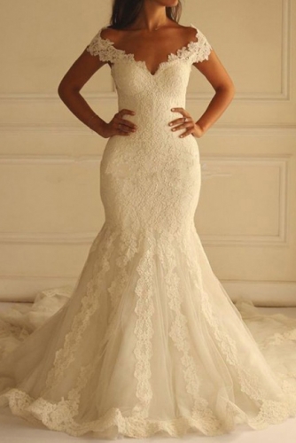Ivory Off Shoulder Lace Mermaid Wedding Dress
