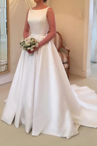 Simple A Line White Mikado Wedding Dress with Train