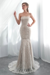 Champagne Embroidery Lace Wedding Dress with Open Back