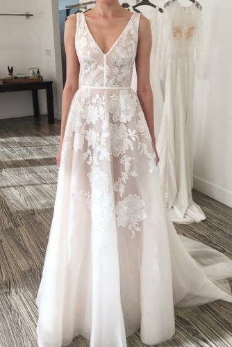 Sexy  V Neck Sheer Ivory Lace Beach Wedding Dress