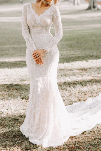 Sexy V Neck Long Sleeves Mermaid Lace Wedding Dress